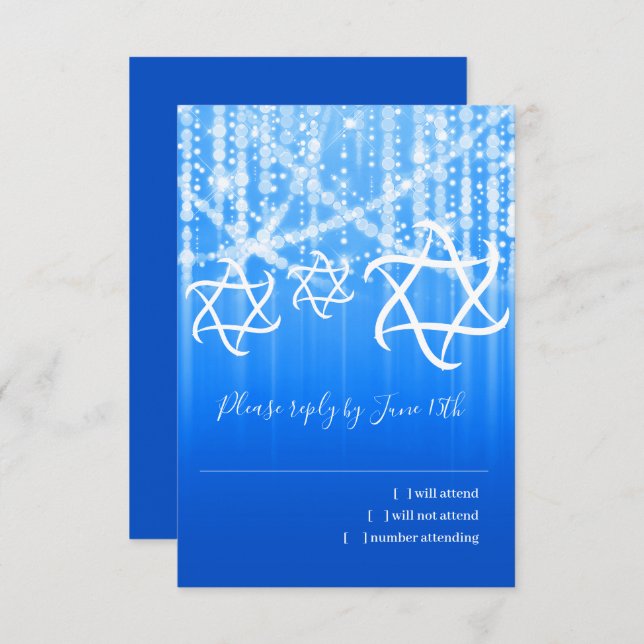 Bat Mitzvah Blue White Sparkly Lights RSVP Card (Front/Back)