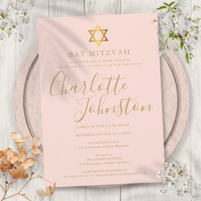 Bat Mitzvah Blush Pink Gold Script Invitation (Bat Mitzvah Blush Pink Gold Script Invitation)