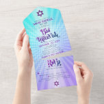 Bat Mitzvah Boho Retro Blue Purple Gradient Bold All In One Invitation<br><div class="desc">Be proud, rejoice and showcase this milestone of your favourite Bat Mitzvah with this fun boho retro, custom all-in-one invitation for an event to remember. Hip, groovy, bold purple and navy blue typography with modern sans serif typography overlay a background of pop light turquoise and purple ombre gradient rays with...</div>