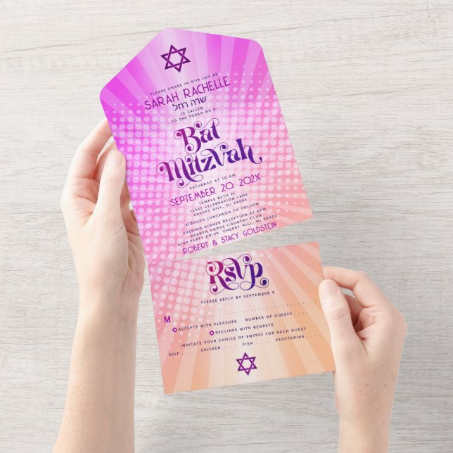 Bat Mitzvah Boho Retro Pink Orange Gradient Bold All In One Invitation (Tearaway)