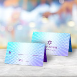 Bat Mitzvah Bold Boho Retro Blue Purple Gradient Place Card<br><div class="desc">No Bat Mitzvah party is complete without personalised place cards. Let your favourite Bat Mitzvah be proud, rejoice and celebrate her milestone at her perfectly coordinated party. Fun, bold purple typography and Star of David overlay a background of pop light turquoise and purple ombre gradient rays with white dots. A...</div>