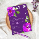 Bat Mitzvah Bold Modern Purple Floral Watercolor Invitation<br><div class="desc">Be proud, rejoice and showcase this milestone of your favourite Bat Mitzvah with this sophisticated, personalised invitation! A chic, stunning, purple pink floral watercolor with modern san serif type overlays a dark purple plum background. Personalise the custom text with your Bat Mitzvah’s name, date, and venue information. Guaranteed to add...</div>