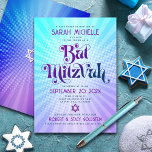 Bat Mitzvah Bold Retro Boho Blue Purple Gradient Invitation<br><div class="desc">Be proud, rejoice and showcase this milestone of your favourite Bat Mitzvah with this fun boho retro, personalised invitation! Fun, trendy, bold purple and navy blue typography with modern sans serif typography overlay a background of pop light turquoise and purple ombre gradient rays with white dots. On the back, a...</div>