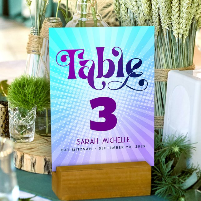 Bat Mitzvah Bold Retro Boho Blue Purple Gradient Table Number (Creator Uploaded)