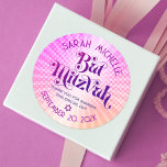 Bat Mitzvah Bold Retro Boho Pink Orange Gradient Classic Round Sticker<br><div class="desc">Be proud, rejoice and showcase this milestone of your favourite Bat Mitzvah! Use this boho retro, personalised sticker to add to her special day. Fun, trendy, bold dark hot pink and purple typography with modern sans serif typography overlay a background of pop light orange and pink ombre gradient rays with...</div>