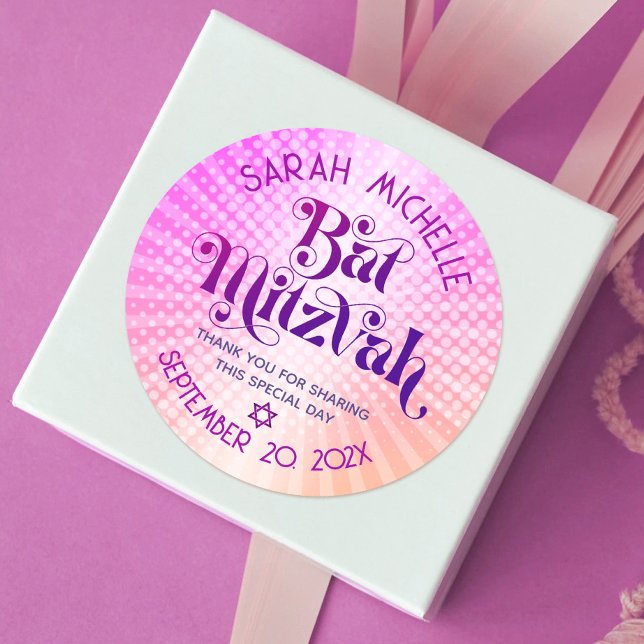 Bat Mitzvah Bold Retro Boho Pink Orange Gradient Classic Round Sticker (Creator Uploaded)