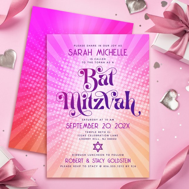  Bat Mitzvah Bold Retro Boho Pink Orange Gradient Invitation (Creator Uploaded)