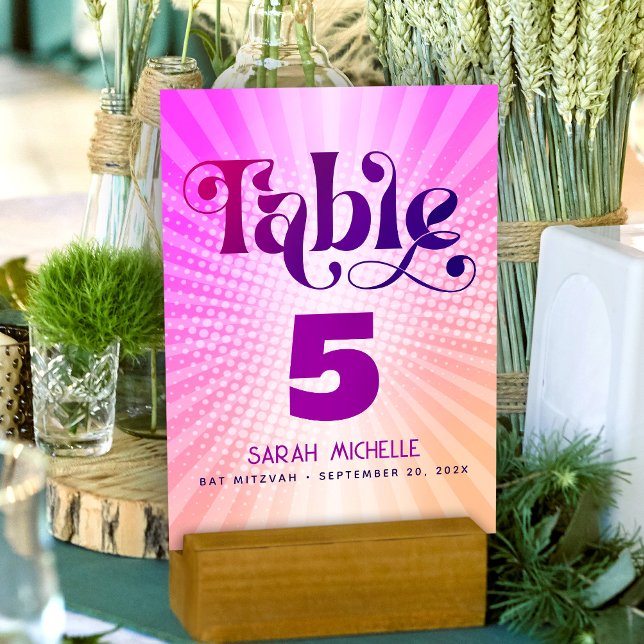 Bat Mitzvah Bold Retro Boho Pink Orange Gradient Table Number (Creator Uploaded)