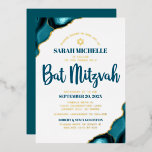 Bat Mitzvah Bold Turquoise Agate Script Real Gold<br><div class="desc">Be proud, rejoice and showcase this milestone of your favourite Bat Mitzvah! Send out this cool, unique, modern, personalised real gold foil invitation for an event to remember. Dark teal blue script typography, real gold foil sans serif typography, and a real foil gold Star of David overlay a simple, clean...</div>