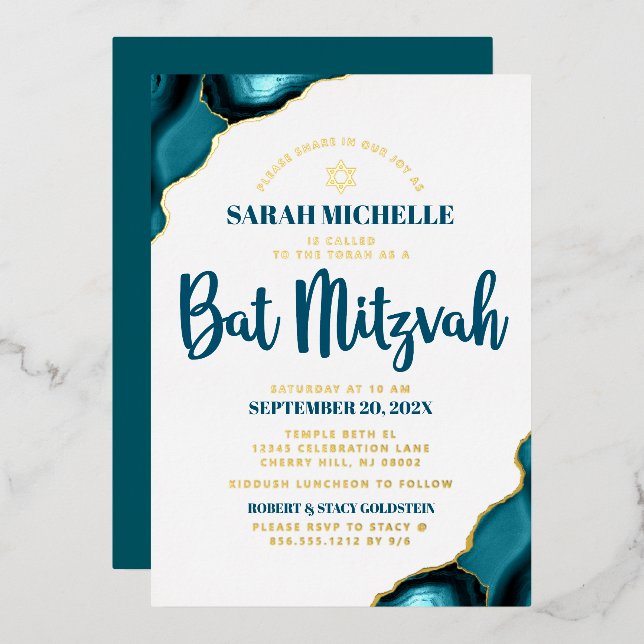 Bat Mitzvah Bold Turquoise Agate Script Real Gold (Front/Back)