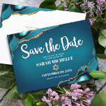 Bat Mitzvah Bold Turquoise Gold Agate Ombre Script Save The Date<br><div class="desc">Make sure all your friends and relatives will be able to celebrate your daughter’s milestone Bat Mitzvah! Send out this cool, unique, modern, personalised “Save the Date” announcement card. White script typography and a faux gold Star of David overlay a deep turquoise teal blue ombre background with turquoise blue agate...</div>