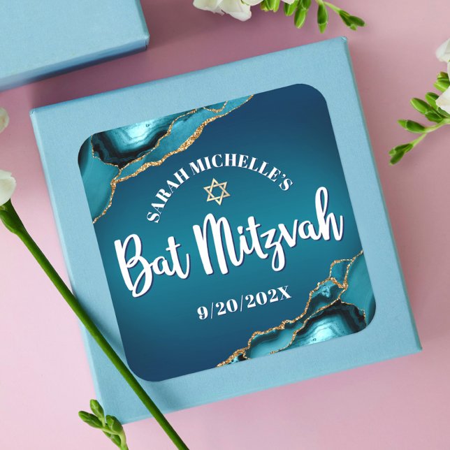 Bat Mitzvah Bold Turquoise Gold Agate Ombre Script Square Sticker (Creator Uploaded)
