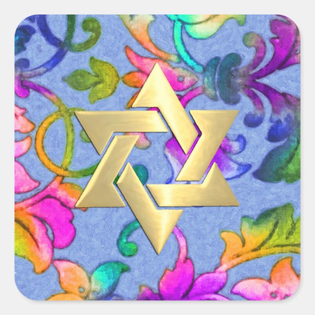 Bat Mitzvah Brightly Coloured Painted Damask Square Sticker (Front)