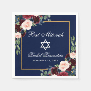 Bat Mitzvah Burgundy Blue Floral Gold Napkin