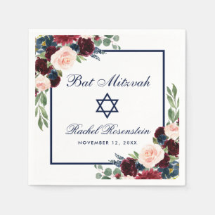 Bat Mitzvah Burgundy Blue Floral Napkin