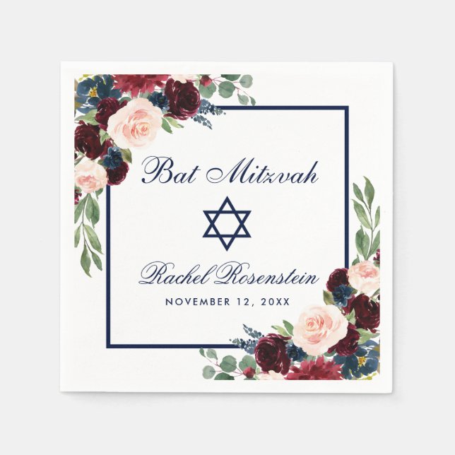Bat Mitzvah Burgundy Blue Floral Napkin (Front)