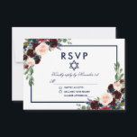Bat Mitzvah Burgundy Blue Floral RSVP Card<br><div class="desc">Watercolor Burgundy Blue Floral Bat Mitzvah RSVP Card</div>