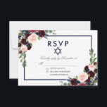 Bat Mitzvah Burgundy Blue Floral Silver RSVP Card<br><div class="desc">Watercolor Burgundy Marsala Blue  Floral Bat Mitzvah Silver RSVP Card</div>