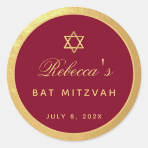 Bat Mitzvah Burgundy Faux Gold Elegant Calligraphy Classic Round Sticker