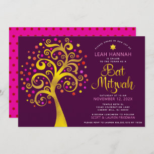 Bat Mitzvah Burgundy Gold Foil Modern Tree of Life Invitation