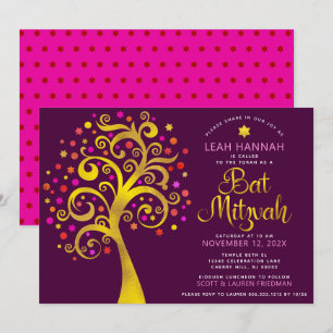 Bat Mitzvah Burgundy Gold Foil Modern Tree of Life Invitation