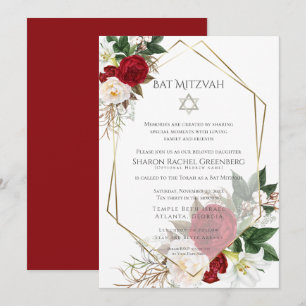 BAT MITZVAH Burgundy Peony Verse 3 Invitation