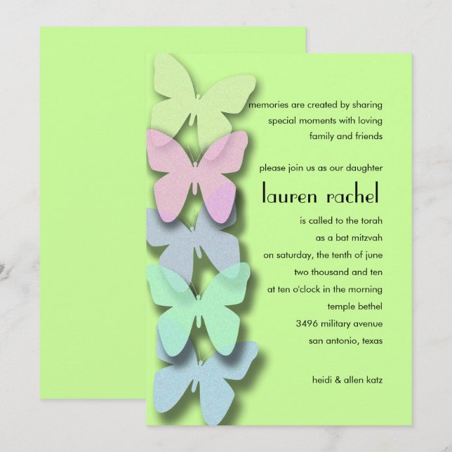 Bat Mitzvah Butterfly Border Multicolored Invitation (Front/Back)