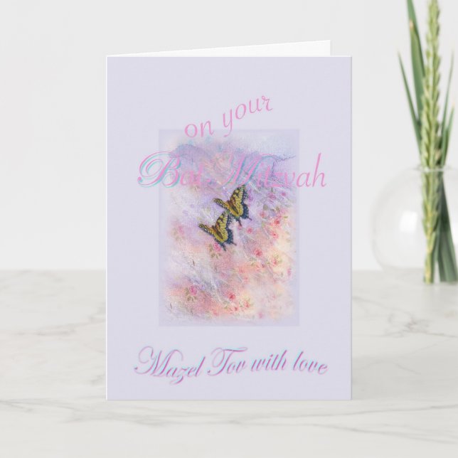 Bat Mitzvah Butterfly on Delicate Floral Greeting Card (Front)