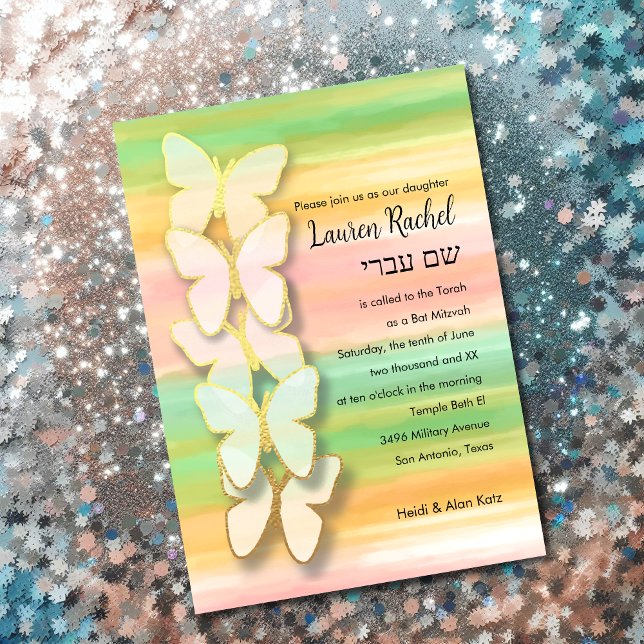 Bat Mitzvah Butterfly Pink Green Peach Watercolor Invitation (Creator Uploaded)
