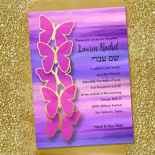 Bat Mitzvah Butterfly Pink Purple Watercolor Invitation (Creator Uploaded)