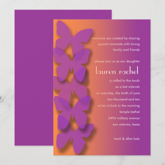 Bat Mitzvah Butterfly Purple Orange Ombre Invitation (Front/Back)