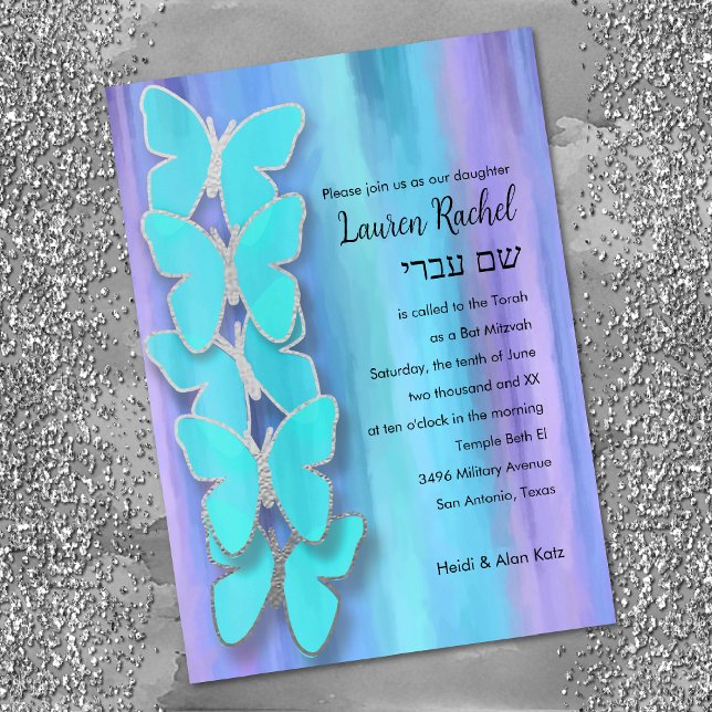 Bat Mitzvah Butterfly Turquoise Purple Watercolor Invitation (Creator Uploaded)