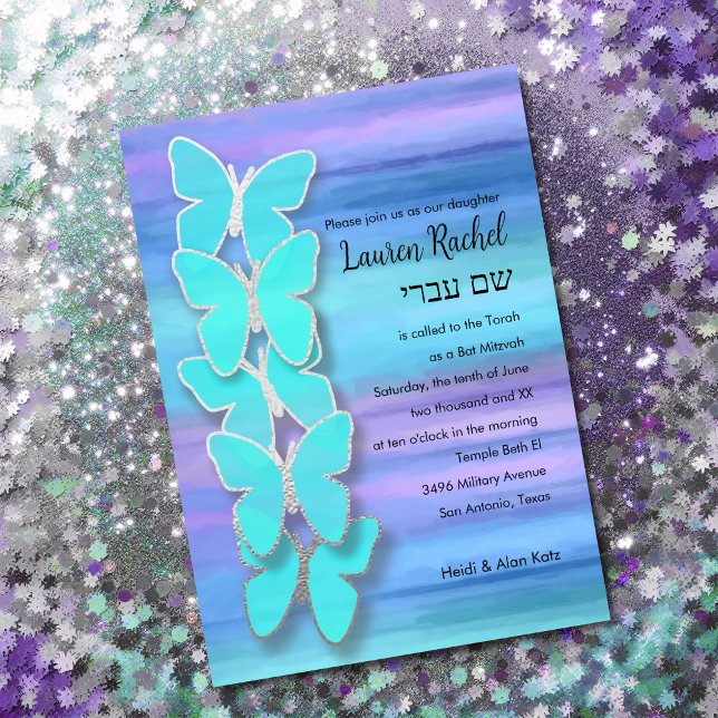 Bat Mitzvah Butterfly Turquoise Purple Watercolor Invitation (Creator Uploaded)