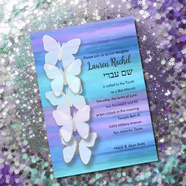 Bat Mitzvah Butterfly Turquoise Purple Watercolor Invitation (Creator Uploaded)