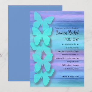 Bat Mitzvah Butterfly Turquoise Purple Watercolor Invitation