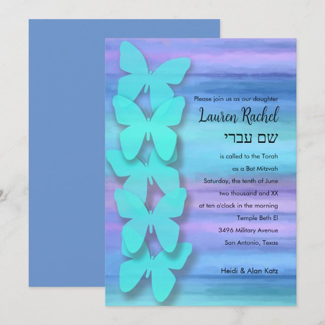 Bat Mitzvah Butterfly Turquoise Purple Watercolor Invitation (Front/Back)