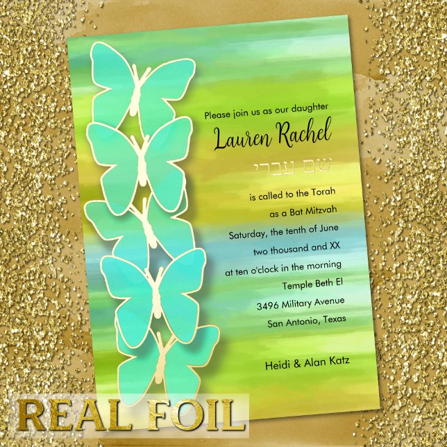 Bat Mitzvah Butterfly Watercolor Blue Green Yellow (Creator Uploaded)