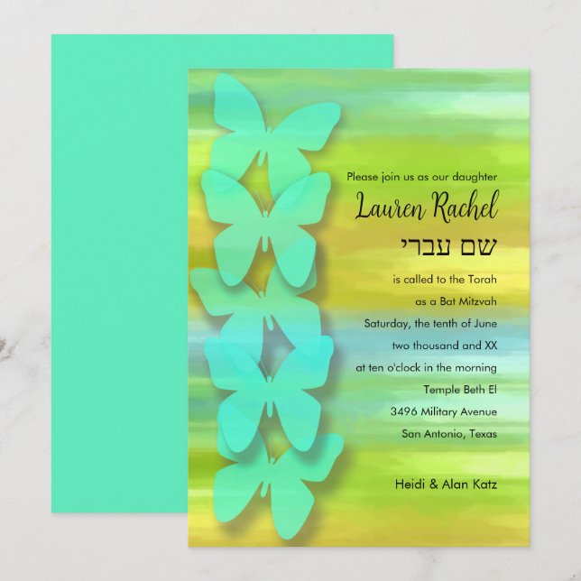 Bat Mitzvah Butterfly Watercolor Blue Green Yellow Invitation (Front/Back)