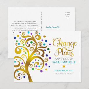 Bat Mitzvah Change of Plans Gold Teal Tree of Life Invitation Postcard
