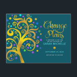 Bat Mitzvah Change of Plans Gold Tree of Life Teal Invitation Postcard<br><div class="desc">Make sure all your friends and relatives will still be able to celebrate your daughter’s milestone Bat Mitzvah, regardless of current global unforeseen circumstances. Send out stunning, graphic faux gold foil tree with sparkly turquoise, teal, purple and blue Star of David and dot “leaves” on a rich dark teal blue...</div>