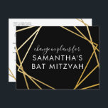 Bat Mitzvah Change of Plans Modern Gold Black Announcement Postcard<br><div class="desc">Modern, trendy, and elegant gold and black Bat Mitzvah postcard to announce a celebration or ceremony change in plans to a virtual event, with a modern abstract geometric squares border. Easily personalise this affordable "change the date or plans" postcard for your Virtual Bat Mitzvah with custom name, date, and details...</div>