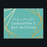 Bat Mitzvah Change of Plans Modern Gold Teal Announcement Postcard<br><div class="desc">Modern, trendy, and elegant teal turquoise blue-green and gold Bat Mitzvah postcard to announce a celebration or ceremony change in plans to a virtual event, with a modern abstract geometric squares border. Easily personalise this affordable "change the date or plans" postcard for your Virtual Bat Mitzvah with custom name, date,...</div>