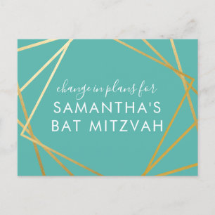 Bat Mitzvah Change of Plans Modern Gold Teal Announcement Postcard