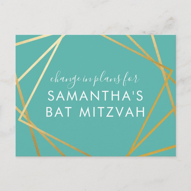 Bat Mitzvah Change of Plans Modern Gold Teal Announcement Postcard (Front)