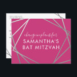 Bat Mitzvah Change of Plans Modern Pink Silver Announcement Postcard<br><div class="desc">Modern, trendy, and elegant bright hot pink and silver Bat Mitzvah postcard to announce a celebration or ceremony change in plans to a virtual event, with a modern abstract geometric squares border. Easily personalise this affordable "change the date or plans" postcard for your Virtual Bat Mitzvah with custom name, date,...</div>
