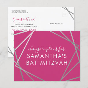 Bat Mitzvah Change of Plans Modern Pink Silver Announcement Postcard