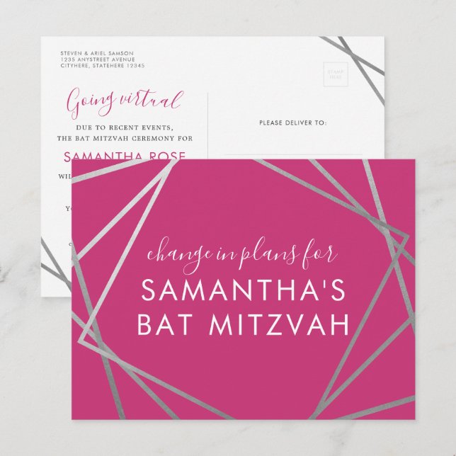 Bat Mitzvah Change of Plans Modern Pink Silver Announcement Postcard (Front/Back)