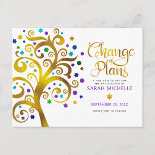 Bat Mitzvah Change Plans Gold Tree of Life Purple Invitation Postcard