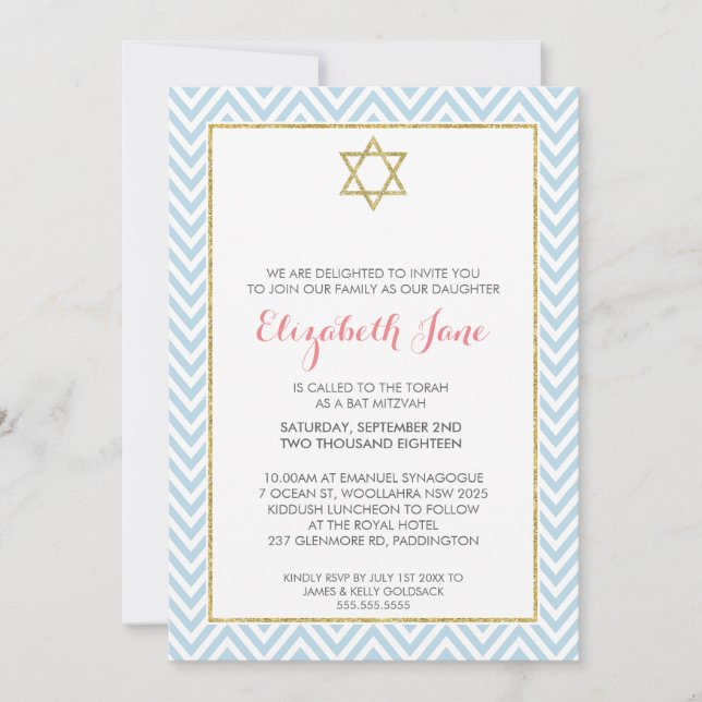 BAT MITZVAH chevron pattern gold glittery blue Invitation (Front)