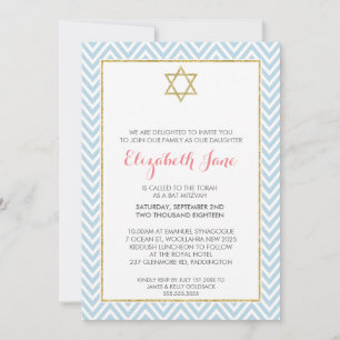 BAT MITZVAH chevron pattern gold glittery blue Invitation